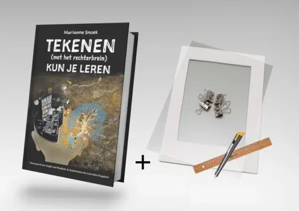 Een Boek + ZoekerPlus pakket getiteld "tekenen (met het rechterbrein) kun je leren" van Marianne Snoek, weergegeven naast een tekenblok met een puzzelstukje, een potlood en een liniaal.